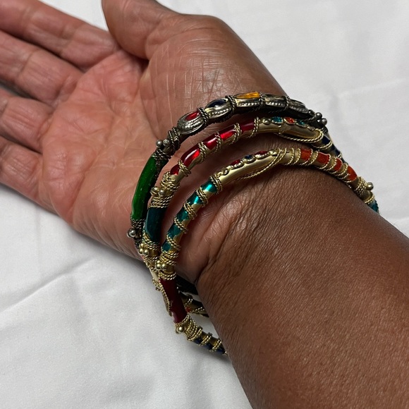 Lot Of Three Gold Tone Textured Rope Design Thin Bangle India Bracelets - Picture 2 of 16